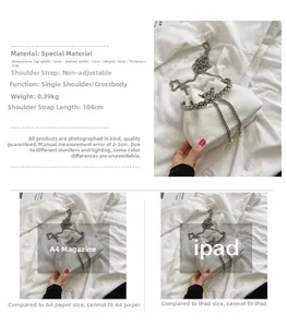Detailed size specifications for white bucket bag featuring pearl metal chain and dimensions