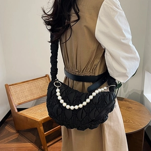 Chic black pleated cloud shoulder bag with luxury pearl chain and quilted texture for women