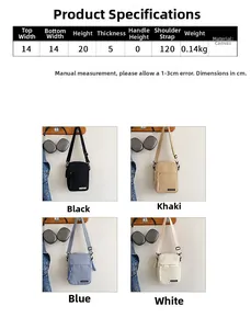 Detailed size chart and four color options for minimalist canvas crossbody bag