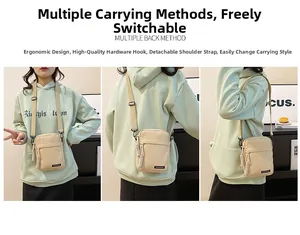 Detail view of beige canvas crossbody bag with detachable strap and fashion label
