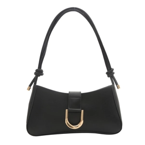 Minimalist black leather underarm bag with gold D-ring buckle and knotted strap details
