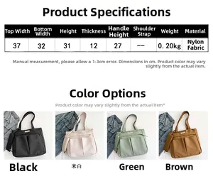 Guía de tallas con dimensiones y colores para el bolso tote de nailon de gran capacidad