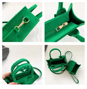 Detailed views of bright green felt handbag set with crocodile texture and gold hardware
