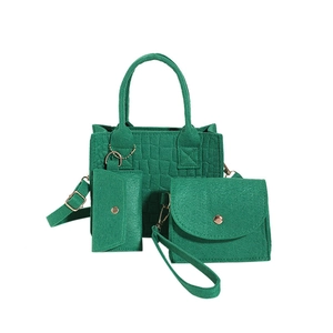 Green felt 3-piece bag set with tote bag and coin purse for casual office fashion