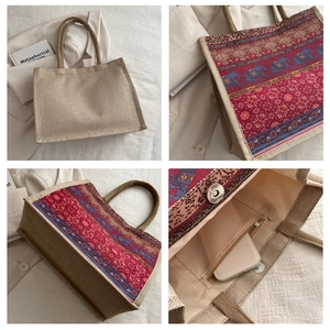 Detail view of canvas tote with bohemian elephant pattern and magnetic closure