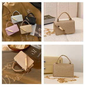 Detail of mini crossbody bags showing woven texture and gold chain in four stylish colors