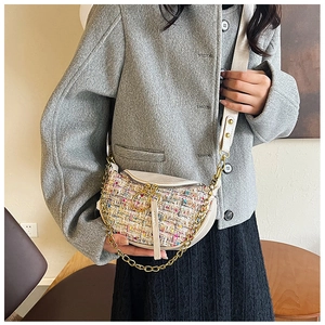 Detailed close-up of the multi-color tweed fabric texture and gold chain on the bag