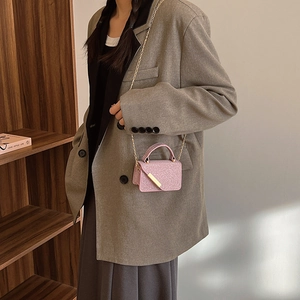 Pink glitter mini crossbody bag with gold chain strap and metal buckle for women