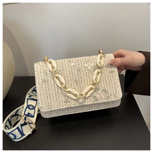 Détail du sac en paille tressée avec broderie florale et bandoulière en acrylique
