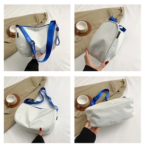 Detailed views of a white crossbody bag with a blue woven strap and side fashion label