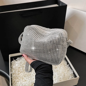 Women Fashion Silver Rhinestone Shoulder Bag Glitter Small Square Crossbody Evening Bag PU Leather Sparkly Party Handbag