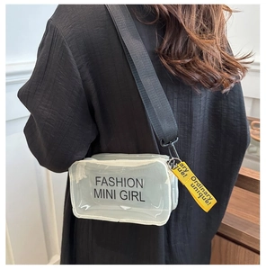 Detail of transparent mini bag with Fashion Mini Girl print and yellow logo strap