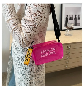Detail of pink transparent jelly crossbody bag with yellow strap and fashion lettering