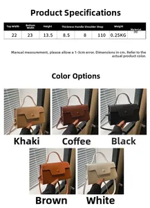 Detailed size specifications and available color variants for this elegant PU leather handbag