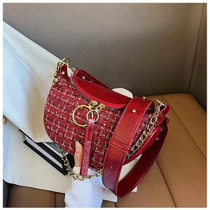 Detail of red tweed dumpling bag showing gold chain strap and metallic ring zipper