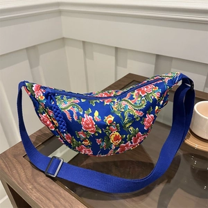 Women Crossbody Bag Nylon Ethnic Chinese Folk Floral Pattern Large Capacity Half Moon Shoulder Bag For Daily Outing