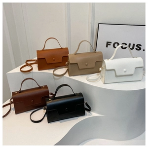 Minimalist square crossbody bags in five colors: caramel, beige, white, brown, and black