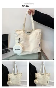 Detailed view of white canvas tote bag set with FASHION print and round coin purse