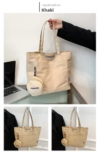 Detail view of khaki canvas tote bag featuring front pocket and round coin purse attachment