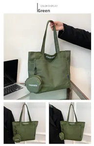 Detailed view of a green canvas tote bag with a small round matching zipper pouch