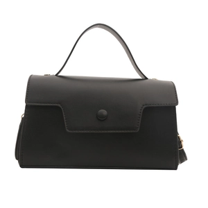 Classic black PU leather handbag with gold metal accents and minimalist square design