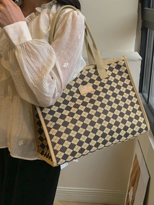 Grande borsa shopper trapuntata a scacchi per donna, borsa a spalla elegante per viaggi