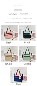 Detail view of colorful nylon tote bags with cute duck pendants and smiling face logo