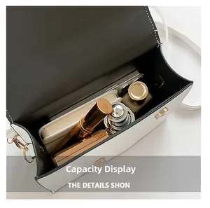 Detail view of the interior capacity showing a smartphone and lipstick inside the small square bag