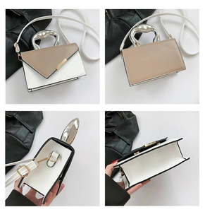 Detailed four-way view showing the metallic handle and minimalist contrast color shoulder bag