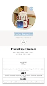 Size guide for printed nylon backpack and shoulder bag with precise dimensions and weight info