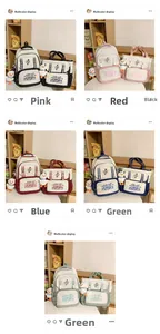 Detail view of canvas backpack and tote bag set available in five vibrant colors with duck charm