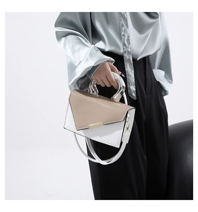 Detail of color-block handbag with silver ring handle and gold metallic clasp closure