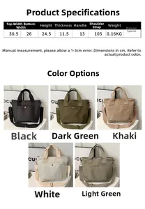 Größentabelle für Nylon-Tragetasche mit Maßen in Schwarz Grün Khaki und Weiß erhältlich