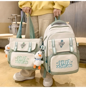 Detail view of canvas backpack and tote bag set with cute pendant for students