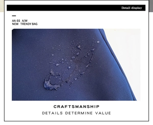 Detail shot of waterproof nylon fabric with clear water droplets on navy backpack