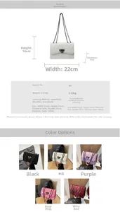 Detailed view of quilted faux leather crossbody bag with metal lock and dimensions chart
