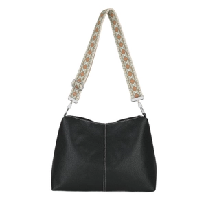 Black pebbled leather tote bag with white stitching and a wide geometric shoulder strap
