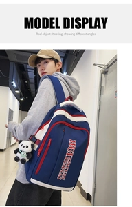 Side view of a tricolor nylon backpack with a cute panda pendant on a model