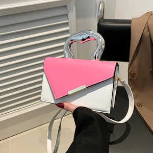 Contrast Color Small Square Bag For Women Trendy PU Leather Shoulder Crossbody Bag With Irregular Silver Metal Handle Urban Commute Messenger Handbag
