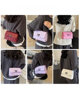 Detailed views of quilted chain bags in burgundy, lavender, pink, and white leather