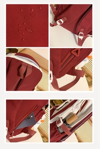 Waterproof burgundy fabric detail and anti-theft back pocket of the student backpack