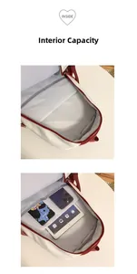 Internal capacity detail of floral backpack showing multiple storage compartments for devices