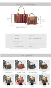 Detailed size chart for retro striped tote bags showing large and small dimensions