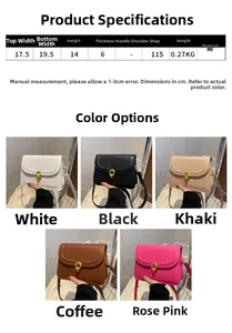 Detailed size chart and material specifications for the PU leather crossbody square bag