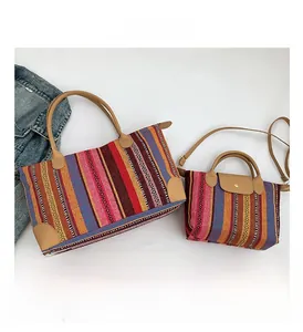 Detail view of woven ethnic stripe tote bag and crossbody set with leather straps