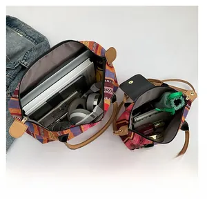 Internal view showing large capacity space of ethnic woven tote bags with leather handles