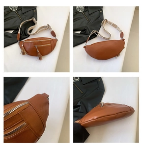 Vues détaillées du sac bandoulière en cuir marron avec glands et sangle tissée