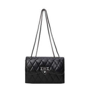 Classic black quilted shoulder bag with diamond pattern, metal lock, and chain strap