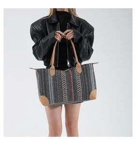 Detail of bohemian woven tote bag showing geometric patterns and leather reinforcement