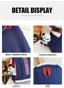Detail of water-resistant nylon backpack showing contrast colors and side zipper pocket
